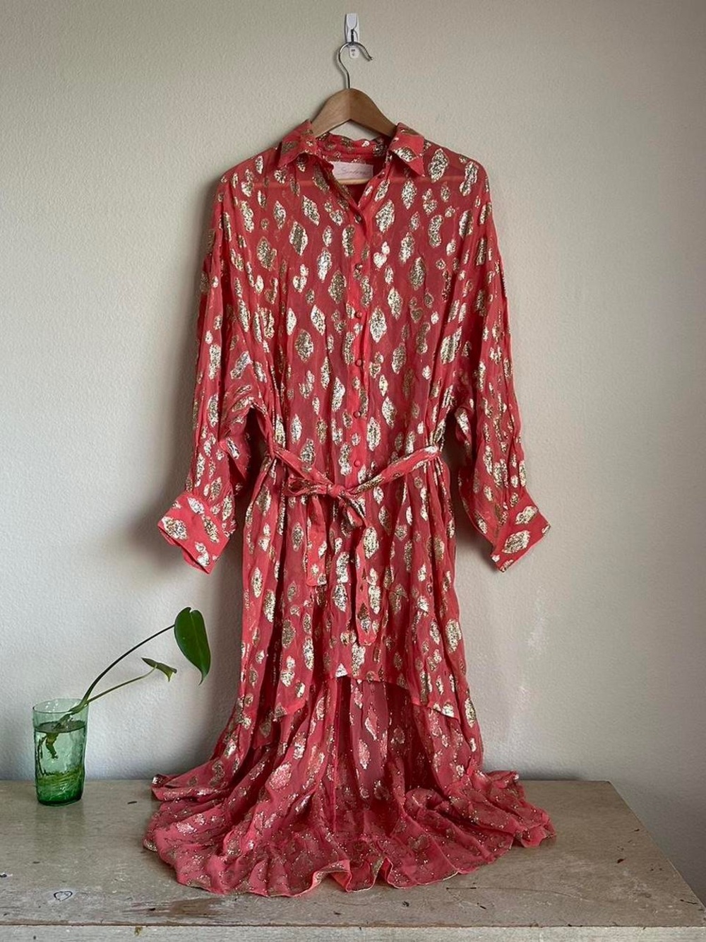 Coral Shirt Dress with Slip and Metallic Print